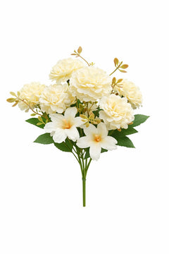 Buchet artificial 6 bujori si 3 flori decorative alb, 30 cm