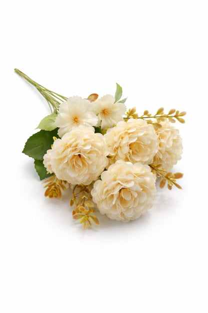 Buchet artificial 6 bujori si 3 flori decorative alb, 30 cm