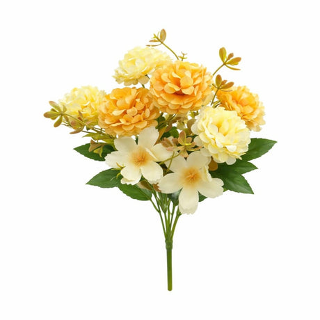 Buchet artificial 6 bujori si 3 flori decorative galben crem, 30 cm