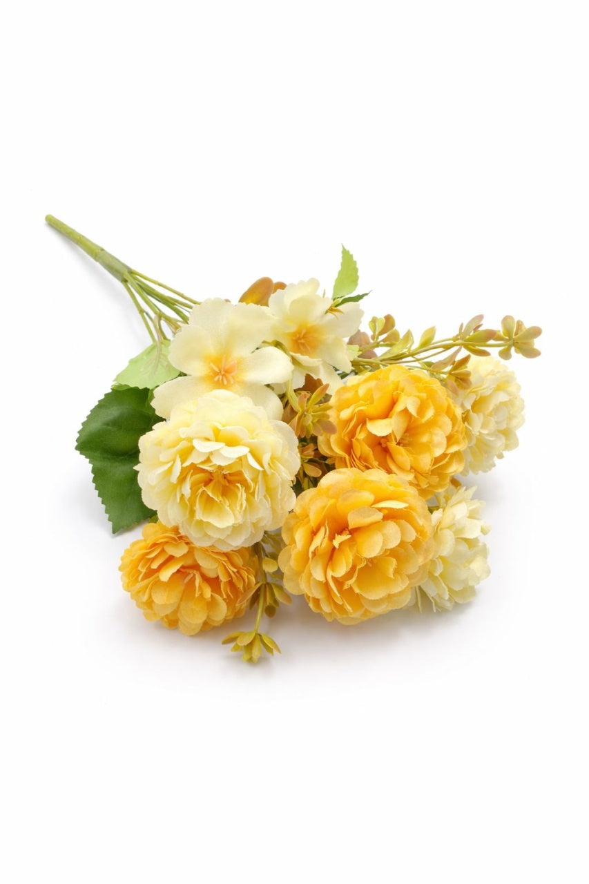 Buchet artificial 6 bujori si 3 flori decorative galben crem, 30 cm