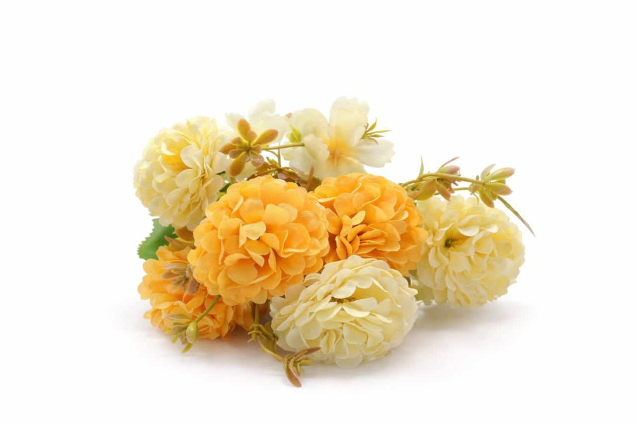 Buchet artificial 6 bujori si 3 flori decorative galben crem, 30 cm