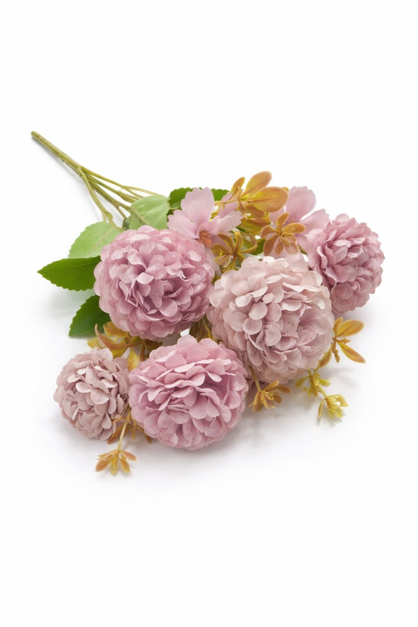 Buchet artificial 6 bujori si 3 flori decorative roz, 30 cm
