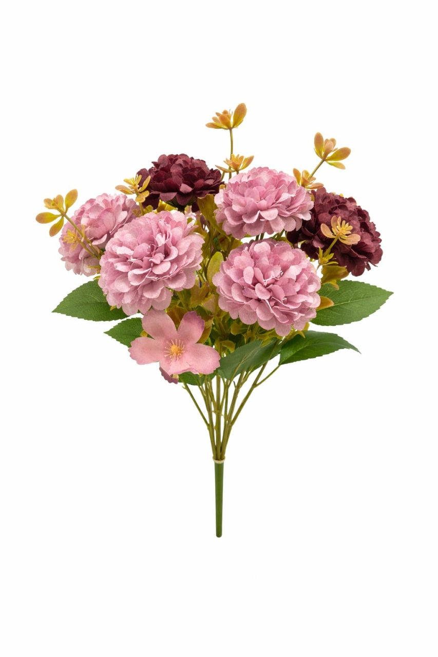 Buchet artificial 6 bujori si 3 flori decorative roz cu visiniu, 30 cm