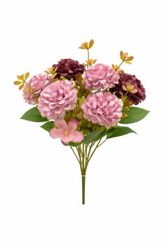 Buchet artificial 6 bujori si 3 flori decorative roz cu visiniu, 30 cm