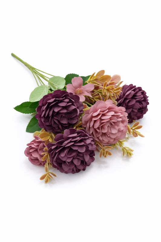Buchet artificial 6 bujori si 3 flori decorative roz cu visiniu, 30 cm