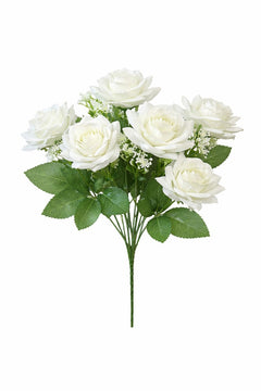 Buchet artificial deosebit cu 7 trandafiri catifelati alb pur si flori decorative 30 cm