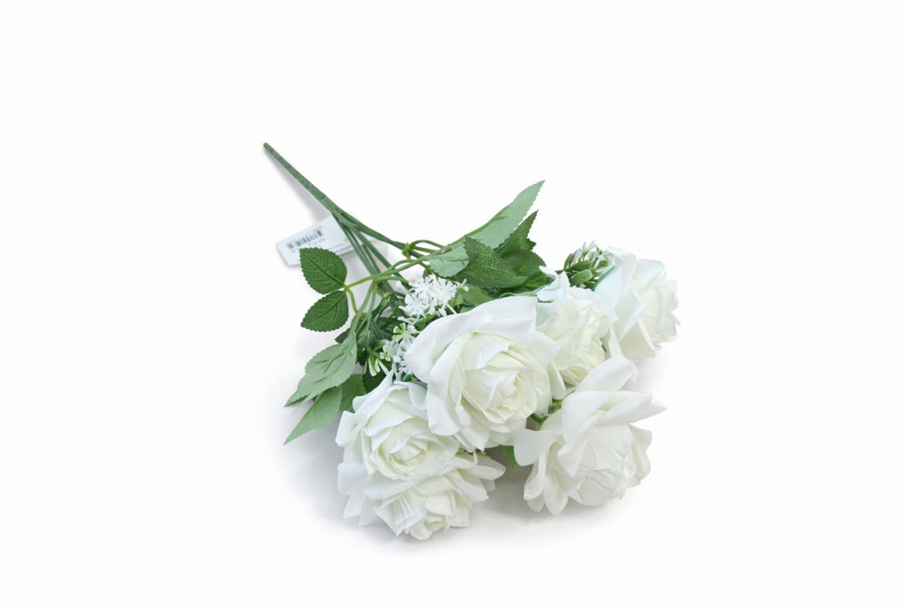 Buchet artificial deosebit cu 7 trandafiri catifelati alb pur si flori decorative 30 cm
