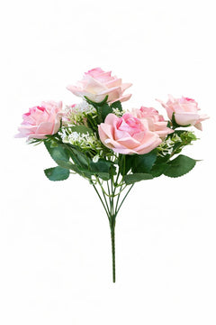 Buchet artificial deosebit cu 7 trandafiri catifelati, flori albe si frunze, roz crem 30cm