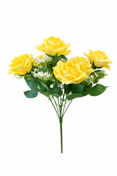 Buchet artificial deosebit cu 7 trandafiri catifelati galben intens 30 cm