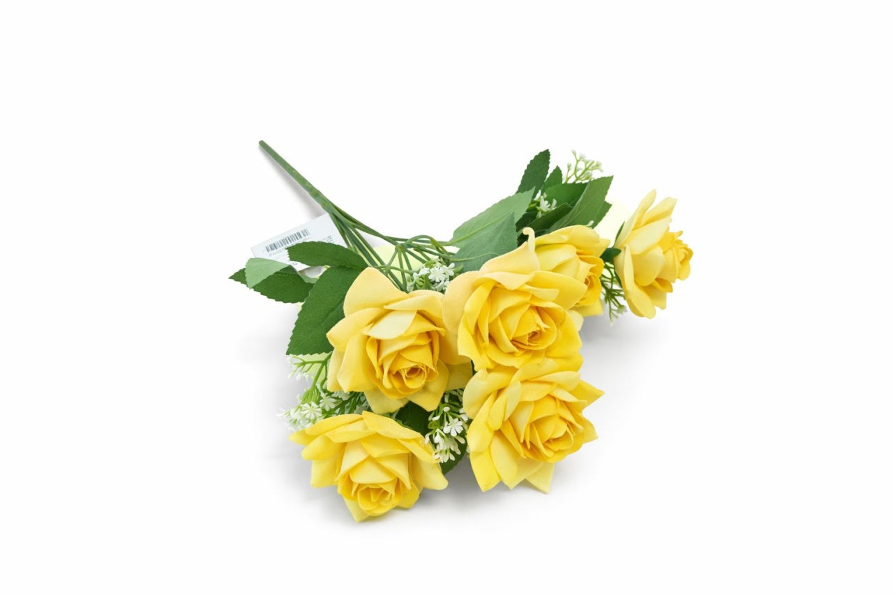 Buchet artificial deosebit cu 7 trandafiri catifelati galben intens 30 cm