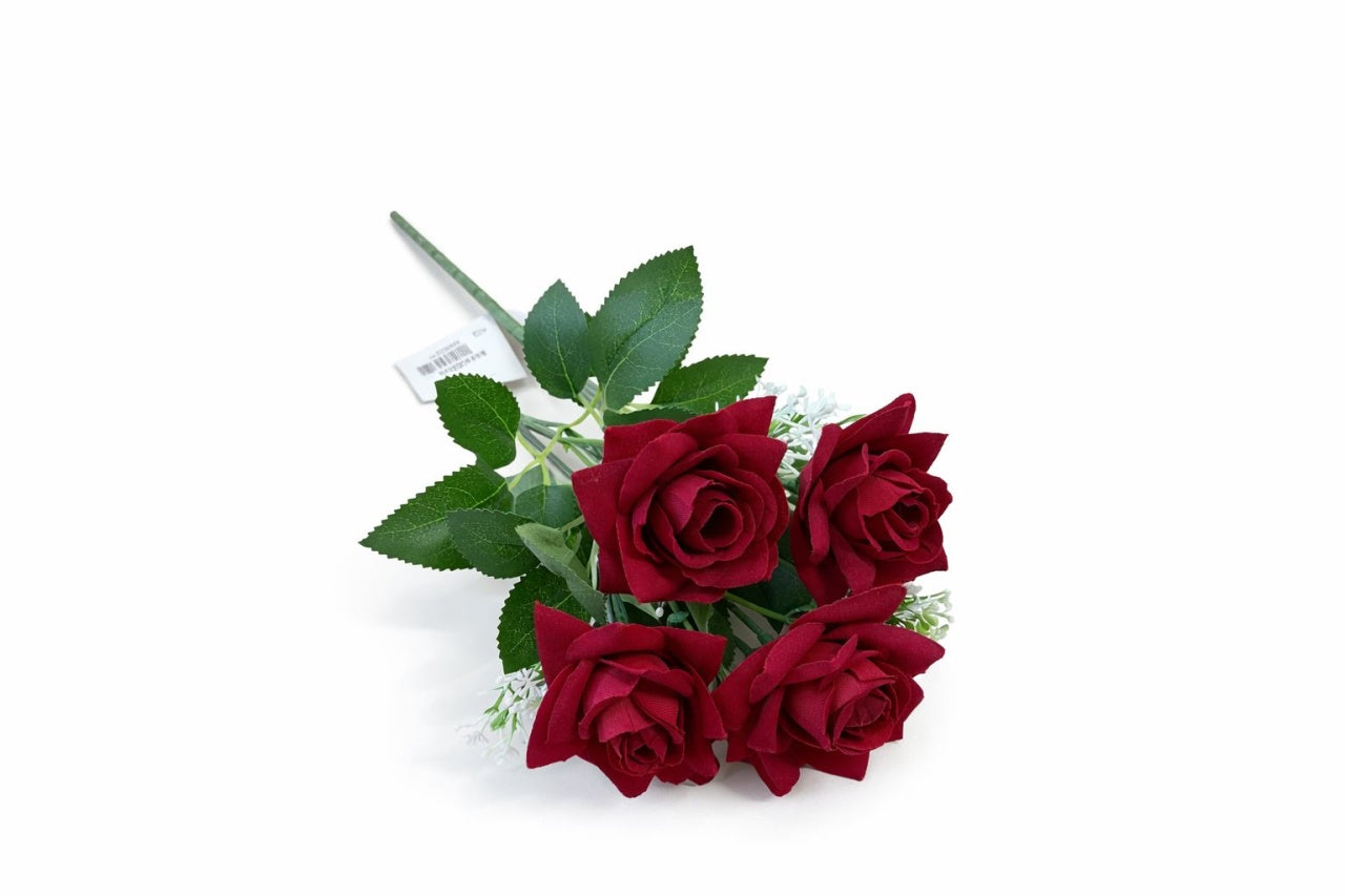 Buchet artificial deosebit cu 7 trandafiri catifelati rosu intens 30 cm