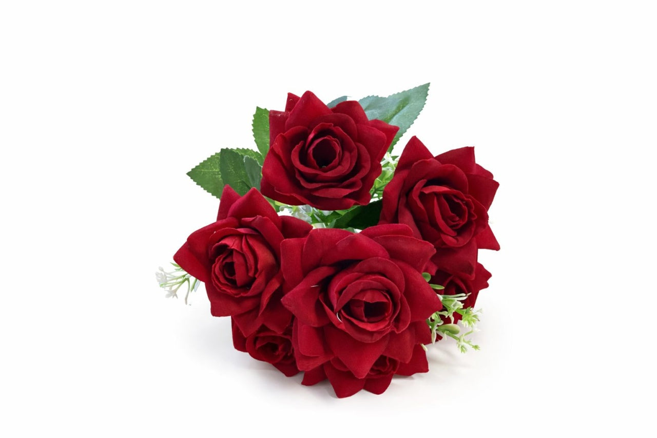 Buchet artificial deosebit cu 7 trandafiri catifelati rosu intens 30 cm