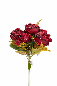 Buchet artificial elegant cu trandafiri si camelii visiniu, inaltime 30 cm