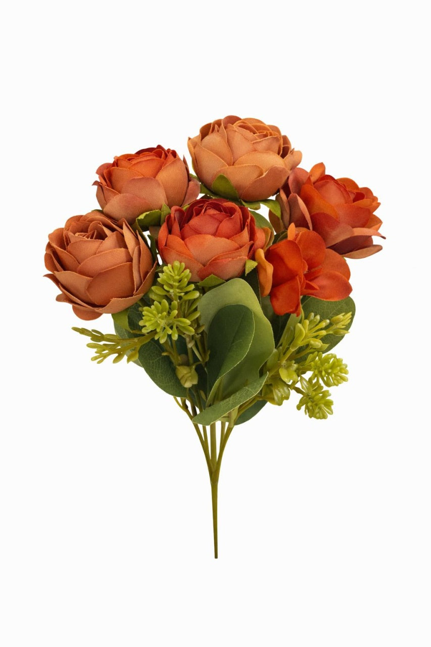 Buchet artificial maro cald cu trandafiri si camelie pe fir gros 30 cm
