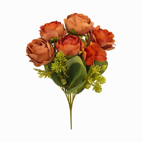 Buchet artificial maro cald cu trandafiri si camelie pe fir gros 30 cm
