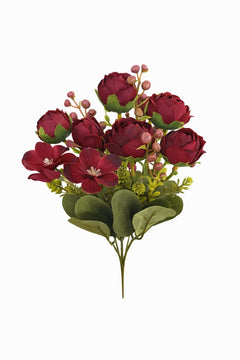 Buchet artificial visiniu elegant cu trandafiri si camelie pe fir unic 30 cm