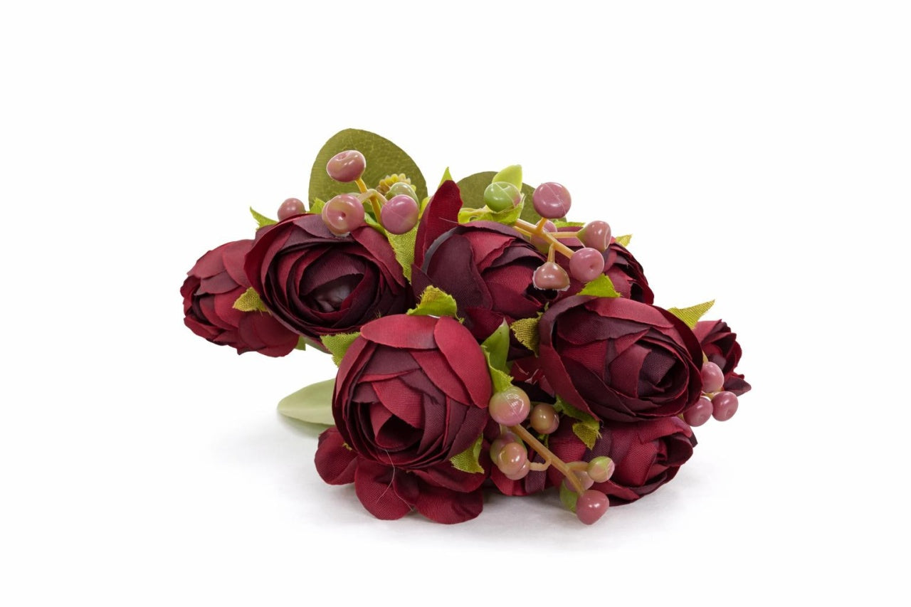 Buchet artificial visiniu elegant cu trandafiri si camelie pe fir unic 30 cm