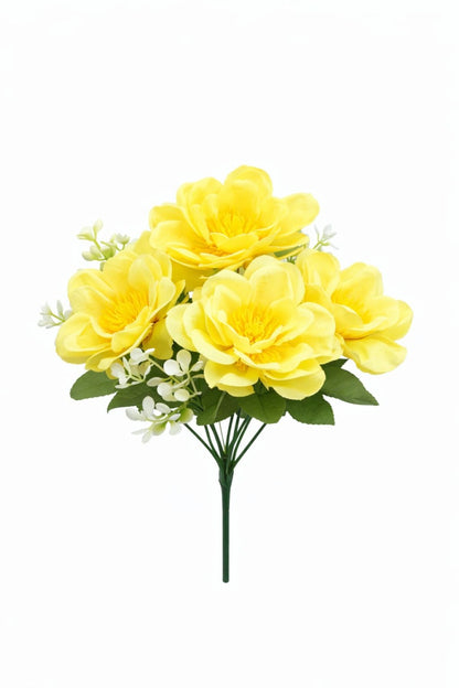 Buchet flori artificiale, 7 Bujori si flori decorative, 30 cm, Galben