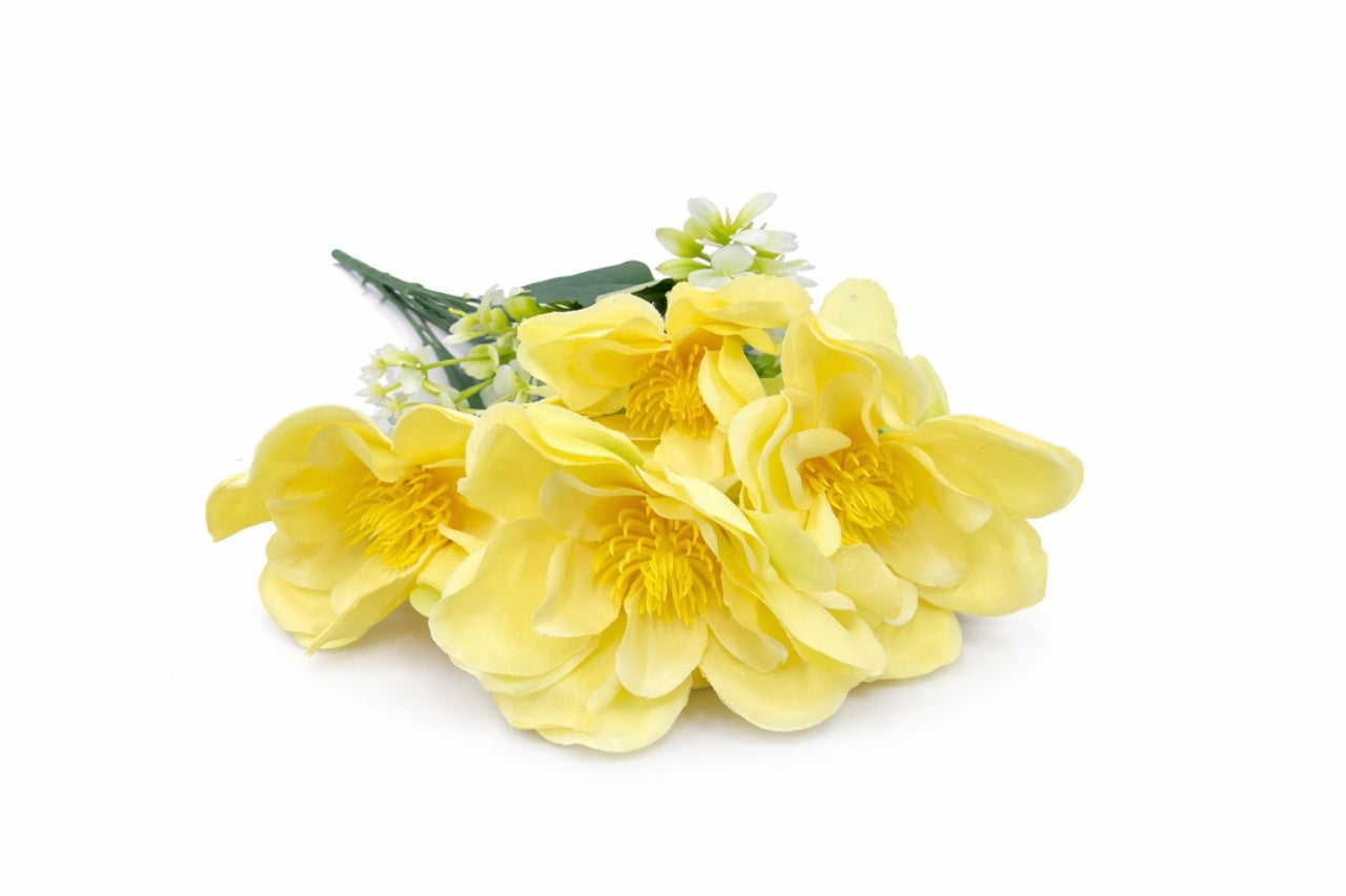 Buchet flori artificiale, 7 Bujori si flori decorative, 30 cm, Galben