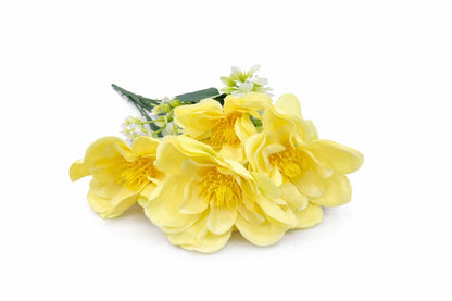 Buchet flori artificiale, 7 Bujori si flori decorative, 30 cm, Galben