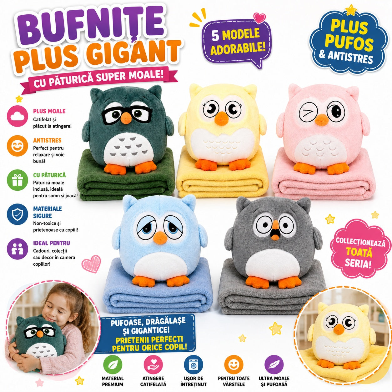 Bufnita de Plus cu Paturica, 30cm, Jucarie Pufoasa si Moale, Model Aleatoriu pentru Copii