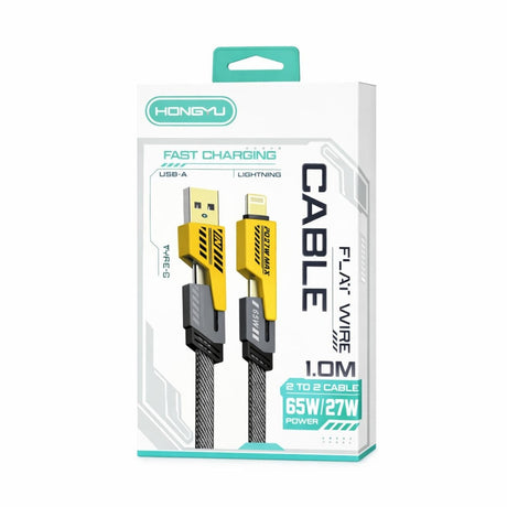 Cablu de încărcare rapidă Hongyu Flat Wire, USB-A la Lightning, 65W / 27W, 1 m, negru cu galben