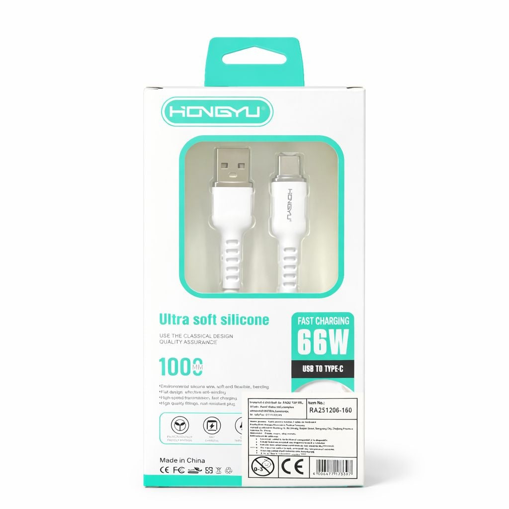 Cablu de încărcare și date USB Type-C Hongyu HY-CB04, silicon moale, 66W, 1m, alb