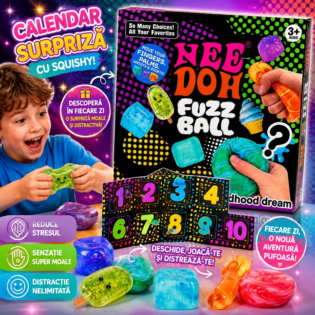 Calendar Surpriză cu Mini Squishy Antistres, 10 Modele Surpriză, Jucării Senzoriale pentru Copii 3+