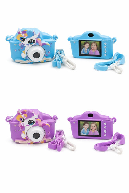 Camera foto copii unicorn albastra, digitala, cu snur si cablu incarcare, 6+ ani