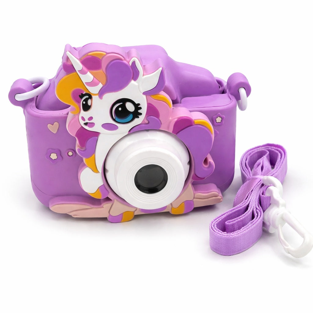 Camera foto copii unicorn mov, digitala, cu snur si cablu incarcare, 6+ ani