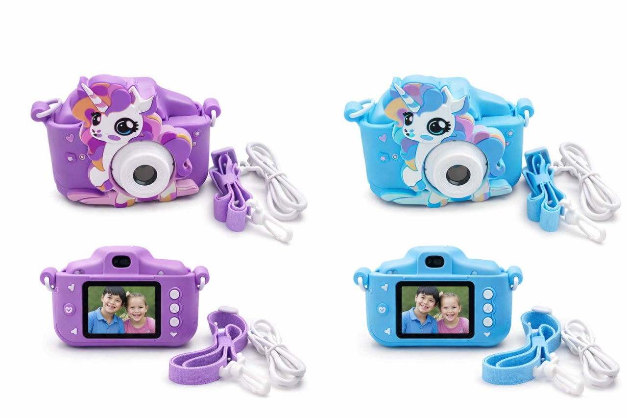 Camera foto copii unicorn mov, digitala, cu snur si cablu incarcare, 6+ ani