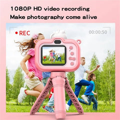 Camera foto copii unicorn roz cu trepied HD video 1080p dual camera