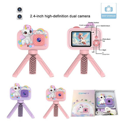 Camera foto copii unicorn roz cu trepied HD video 1080p dual camera