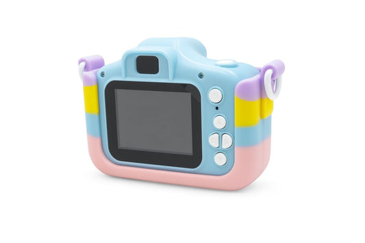 Camera foto digitala pentru copii 4800 MP, 8x zoom, model bleu pisicuta husa curcubeu, 13x12cm