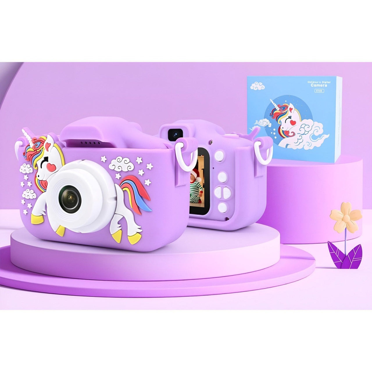 Camera foto digitala pentru copii 4800 MP, 8x zoom, model unicorn mov, 13x12cm