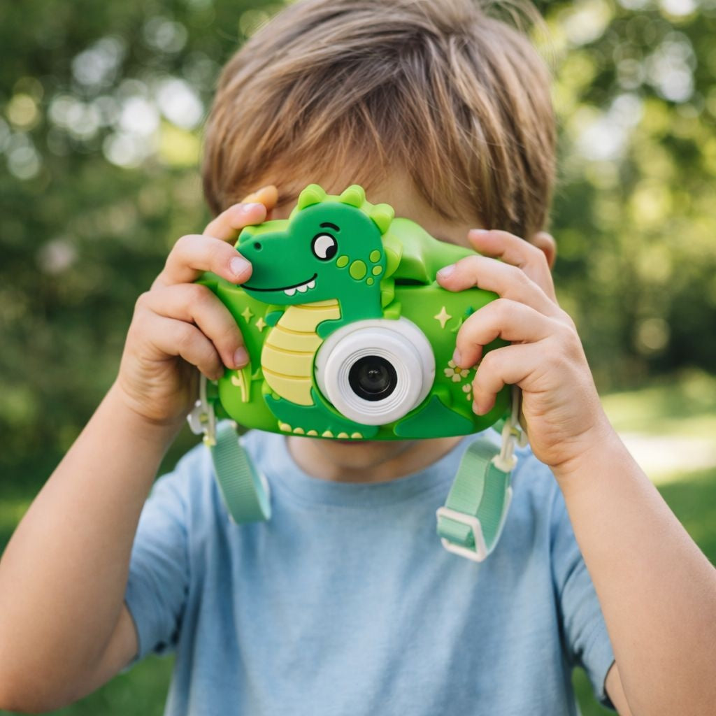 Camera foto digitala pentru copii, model dinozaur verde