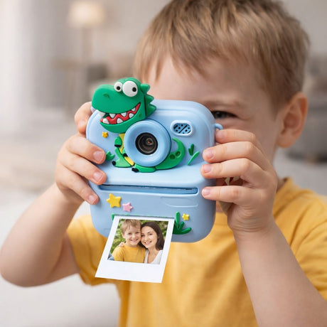 Cameră foto instant pentru copii cu imprimare, model dinozaur, cu hârtie foto, albastru