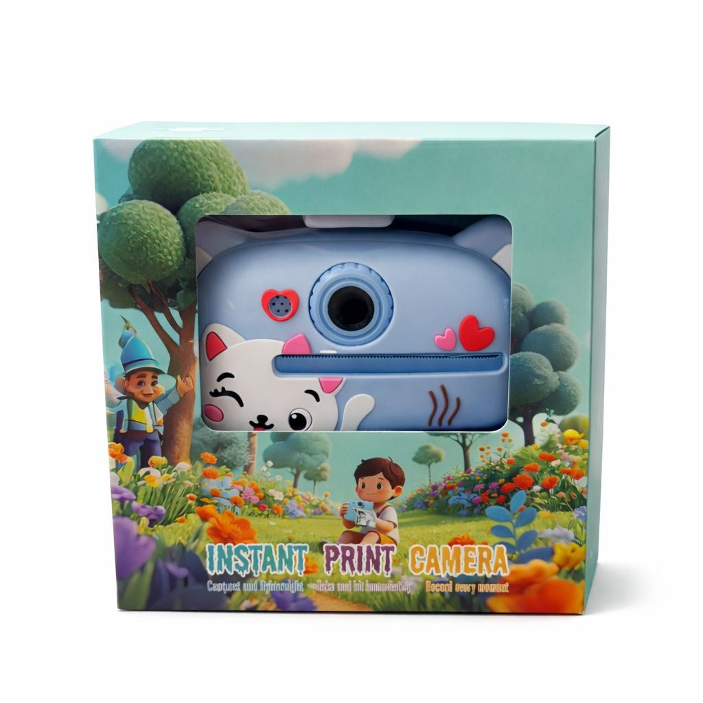 Cameră foto instant pentru copii cu imprimare, model pisică, albastră