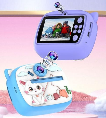 Camera foto instant pentru copii cu printare, design pisica albastru, reincarcabila USB