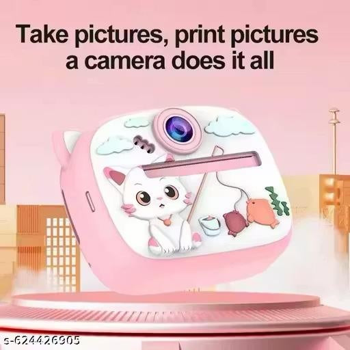 Camera foto instant pentru copii cu printare, design pisica roz, reincarcabila USB