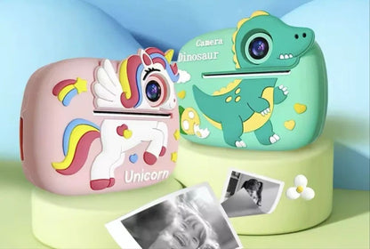 Camera Foto Instant pentru Copii cu Printare, Model Dinozaur Verde, HD, Rola Hartie Inclusa