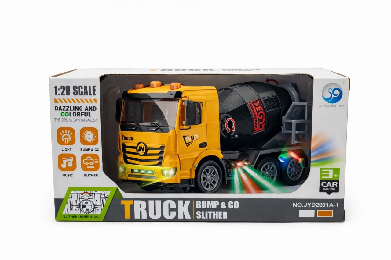 Camion betoniera jucarie cu lumini si sunete, bump & go, 22x12 cm, galben