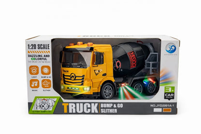 Camion betoniera jucarie cu lumini si sunete, bump & go, 22x12 cm, galben