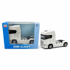 Camion cap tractor metal alb 13.5 cm cabina rabatabila sunete si lumini