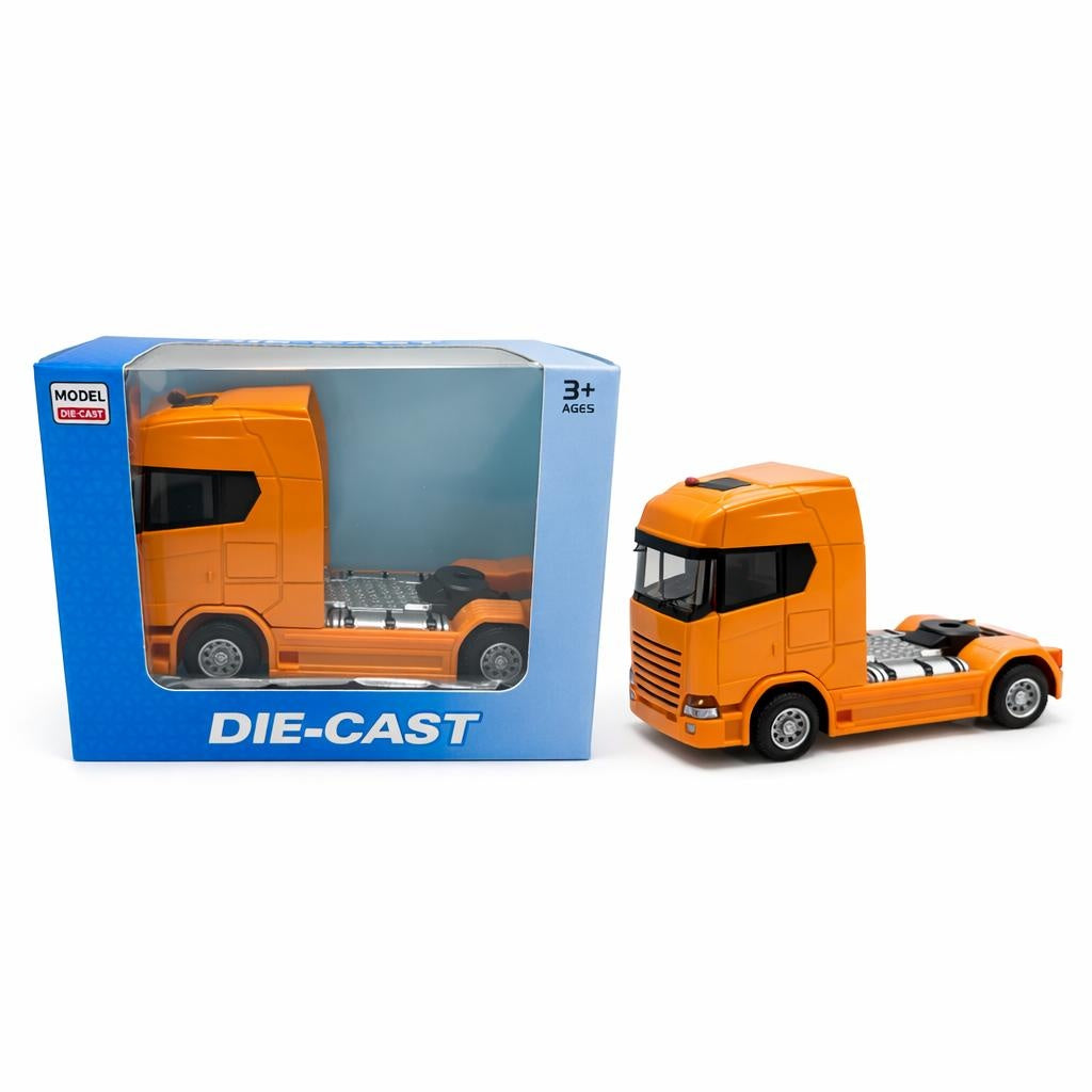Camion cap tractor metal portocaliu 13.5 cm cabina rabatabila sunete si lumini