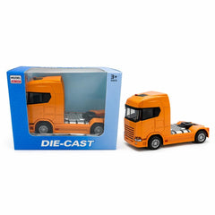 Camion cap tractor metal portocaliu 13.5 cm cabina rabatabila sunete si lumini