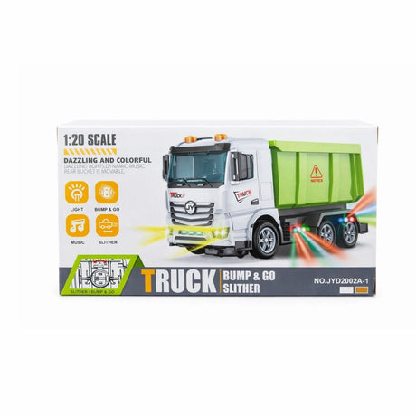 Camion jucarie alb cu verde, cu lumini si muzica, functie bump and go, 22 cm