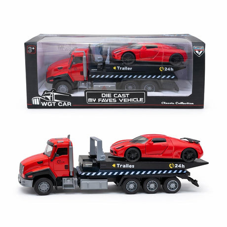 Camion remorcare cu masina sport rosie, model metalic die-cast, functie pull back, 26.5 cm