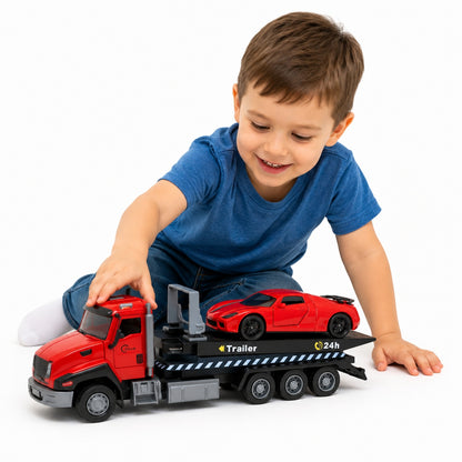 Camion remorcare cu masina sport rosie, model metalic die-cast, functie pull back, 26.5 cm