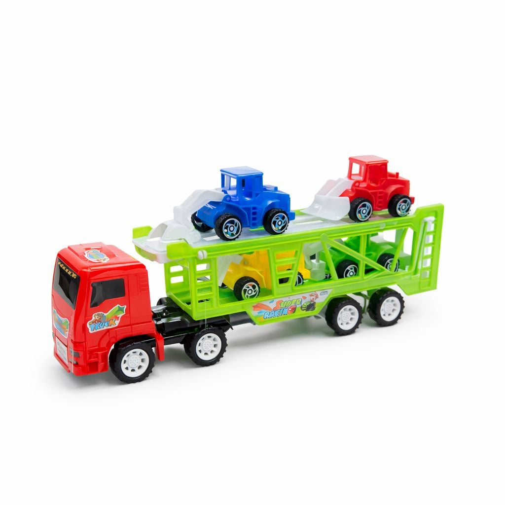 Camion rosu transport masini cu utilaje colorate, jucarie platforma copii 30 cm